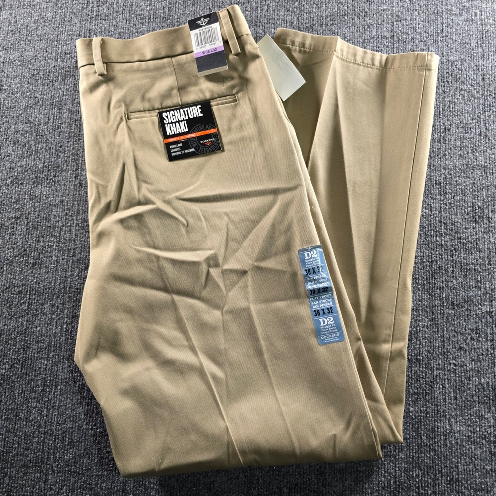 Dockers Mens Signature Khaki D2 Straight Fit Flat Front Pants Tan 38x32 NWT